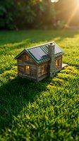 Miniature wooden house model with solar panels on green grass in golden sunlight representing sustainable living and eco-friendly home energy solutions.