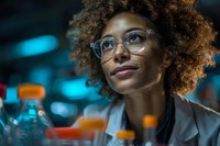Young African American female scientist with curly hair and glasses examining laboratory samples in research facility with colorful liquid vials in foreground.