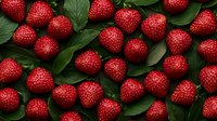 Fresh ripe strawberries scattered with green leaves on dark background, top view. Natural organic berries pattern for healthy eating and summer desserts.