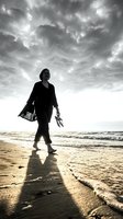 Woman in business attire walking barefoot on beach with dramatic storm clouds overhead, carrying shoes and handbag. Monochrome coastal scene for lifestyle and career transition concepts.