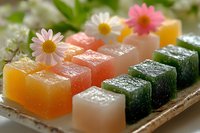 Colorful handmade soap bars with natural ingredients arranged on wooden tray, decorated with fresh daisies for spa and wellness skincare routine.