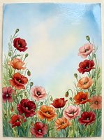 Watercolor poppy flowers frame with red orange pink blooms and green stems on textured paper background for greeting cards and botanical art projects.