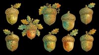 Ornate acorns with oak leaves in gold, green, and copper tones, isolated on transparent background. Ready for t-shirt designs, clipart, stickers, sublimation, and print-on-demand projects.