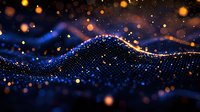 Glowing digital wave with golden particles and blue light effects on dark background creates futuristic technology landscape for business presentations.
