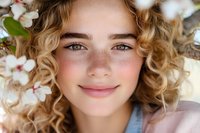 Young woman with natural freckles and curly blonde hair smiling gently among white spring blossoms, wearing casual denim, expressing genuine happiness and natural beauty.