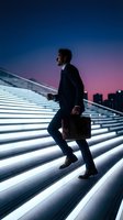 Young male professional, South Asian ethnicity, wearing dark business suit and holding leather briefcase, walking up illuminated modern stairs at dusk with city skyline in background, representing ambition and career growth.
