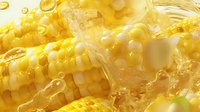 Fresh yellow corn cob with melting butter and steam, extreme close up macro shot showing detailed kernels and golden liquid dripping in bright lighting.