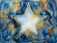 Watercolor star frame with golden outline on blue and orange abstract background for greeting cards and decorative projects.