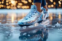 Glittering ice skates with sparkly blue surface on frozen lake at sunset, bokeh lights in background create magical winter atmosphere. Reflection on wet ice surface.