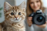 Adorable orange tabby kitten with bright eyes looking at camera while female photographer with professional DSLR camera captures pet portrait in background.