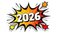 Comic book explosion burst with 2026 text in bold white letters surrounded by colorful starburst rays and decorative stars on transparent background.