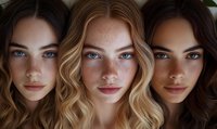 Close up portrait of three young women with different hair colors and striking blue eyes showing natural beauty, freckles and flawless skin in soft lighting.