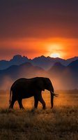 Majestic elephant silhouette walking across golden savanna grassland at dramatic sunset with layered mountain ranges and warm orange sky creating peaceful wildlife scene.