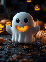 Cute ghost decoration with glowing mouth and eyes surrounded by pumpkins and autumn leaves in spooky Halloween setting.