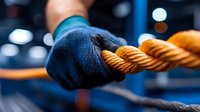 Strong hands in blue protective gloves pulling thick orange rope during intense workout at modern gym facility, close-up view showing detail and texture.