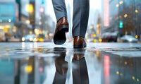 Businessman walking on wet city street with reflection in puddle, low angle view showing brown leather shoes against urban bokeh lights and rain.