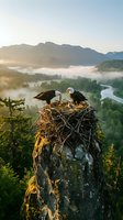 Pair of bald eagles nesting on rocky outcrop above misty valley with forested mountains and winding river at sunrise, wildlife habitat and nature conservation.