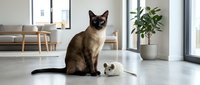 Tabby cat sitting on polished concrete floor in modern living room with potted plant, furniture and windows in background. Suitable for pet care, home decor and lifestyle content.