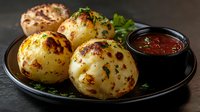 Roasted baby potatoes with herbs and spices served on dark plate with red sauce dip, garnished with fresh parsley for gourmet dining experience.