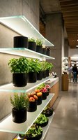 Modern indoor herb garden wall with illuminated glass shelves, black pots, fresh greens, and colorful vegetables in a stylish retail interior.