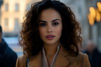 Young mixed race woman with curly dark hair wearing camel coat smiling confidently outdoors in evening city lighting, professional portrait with soft bokeh background.