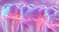 Glowing dental molars with magical sparkles in pink and purple gradient lighting, close-up view showing detailed tooth anatomy for medical and dental design.