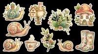 Cute snail clipart set with mushroom house, mailbox, tea cup, rain boots, and floral elements, isolated on transparent background. Great for stickers, t-shirts, print on demand.