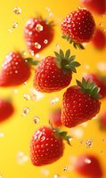 Fresh ripe strawberries floating in air with water drops on vibrant yellow background, macro shot with selective focus for food and beverage marketing.
