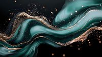Abstract turquoise and gold liquid waves with glitter particles on black background create luxurious flowing pattern with dynamic movement and sparkle effect.