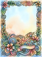 Watercolor floral border frame with pastel flowers, swirls, stars, and gift boxes, featuring a blank center space for text or greeting cards.