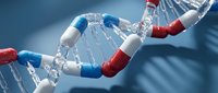 DNA double helix structure with red white and blue colored segments representing genetic code and molecular biology research for medical science applications.