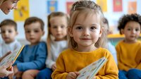 Smiling preschool girl in yellow sweater listening attentively during story time as teacher reads book in colorful classroom with diverse group of children.