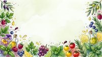 Watercolor fruit and berry border with grapes, berries, citrus, and leaves on cream background. Isolated design element for packaging, invitations, and culinary projects.