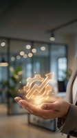 Businessperson holding glowing neon upward arrow and gear icons, symbolizing growth, progress, and business optimization in modern office environment with bokeh lighting.