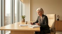 Mature woman with gray hair, Caucasian ethnicity, wearing black blazer, working at wooden desk in modern office with large windows, writing in notebook with coffee cup nearby.