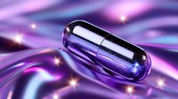 Glossy capsule pill with purple and blue neon glow on flowing liquid surface with sparkling light effects, suitable for pharmaceutical, wellness, and supplement marketing materials.