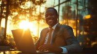 Young African American businessman working on laptop outdoors during golden sunset, wearing grey suit and tie, expressing joy and success while remote working.