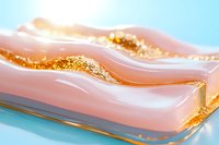 Abstract pink and gold fluid waves with glitter on light blue background, luxury cosmetic or spa concept for wellness and beauty industry marketing.