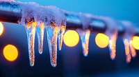 Glowing icicles hanging from roof edge at dusk with warm bokeh lights creating magical winter atmosphere, frozen water droplets illuminated against blue evening sky.