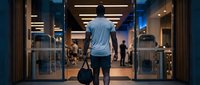 Young athletic man walking through modern gym entrance with sports bag, fitness center interior with glass doors and contemporary lighting for healthy lifestyle.