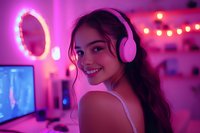 Young Asian woman wearing pink headphones smiling in neon-lit gaming room with LED ring light and string lights creating vibrant purple ambient atmosphere.