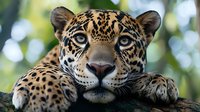 Close up portrait of jaguar with intense blue eyes resting on tree branch against blurred green forest background, showing detailed spotted coat pattern and powerful facial features.