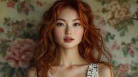 Portrait of young Asian woman with curly red hair and natural makeup against vintage floral wallpaper background for beauty and fashion concepts.