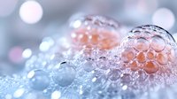Frozen soap bubbles with intricate ice crystal patterns creating magical winter scene with soft bokeh lights and delicate frost formations on snowy surface.