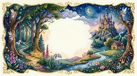 Enchanted forest frame with fairy tale castle, magical trees and flowers creating mystical border for storytelling and fantasy designs.