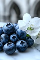 Fresh ripe blueberries with white spring blossom close up on light background. Natural organic berries macro photography for healthy food concept.