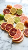 Fresh citrus fruit slices arranged on marble surface including orange, lemon, lime, grapefruit and blood orange for healthy eating and vitamin C nutrition.