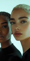 Close-up portrait of two diverse models with flawless skin and natural makeup in black outfits against turquoise background, fashion and beauty concept.