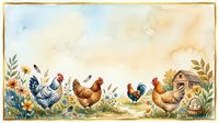 Watercolor farm scene with rooster, hens, and chicks among wildflowers and grass near rustic wooden barn, ideal for farmhouse decor, country kitchen designs, and agricultural illustrations.