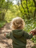 Blonde toddler in green jacket holding parent's hand while walking on forest path, back view with sunlit natural bokeh background and lush foliage.
